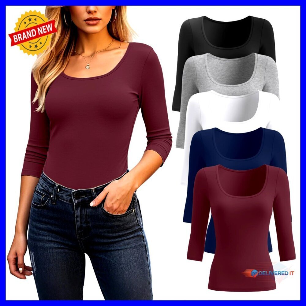 5 Pack Women's 3/4 Sleeve Scoop Neck Stretchy Slim Fit T-Shirts